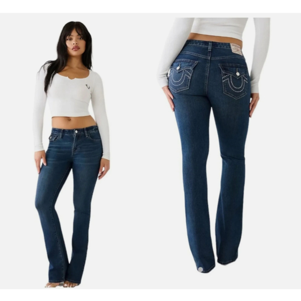NEW True Religion 30 Becca Crystal Flap Rhinestone Mid Rise Bootcut Jean $179 B6